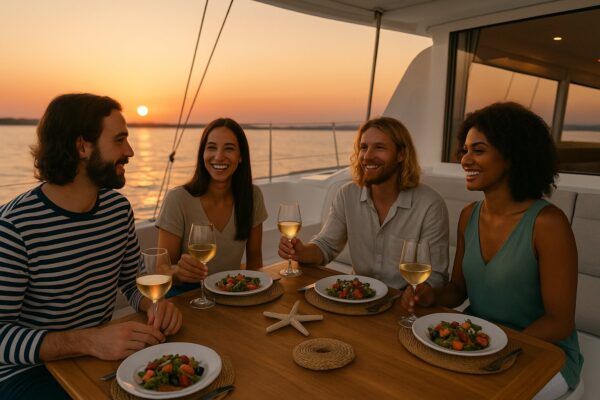 cena con amigos en un catamarán