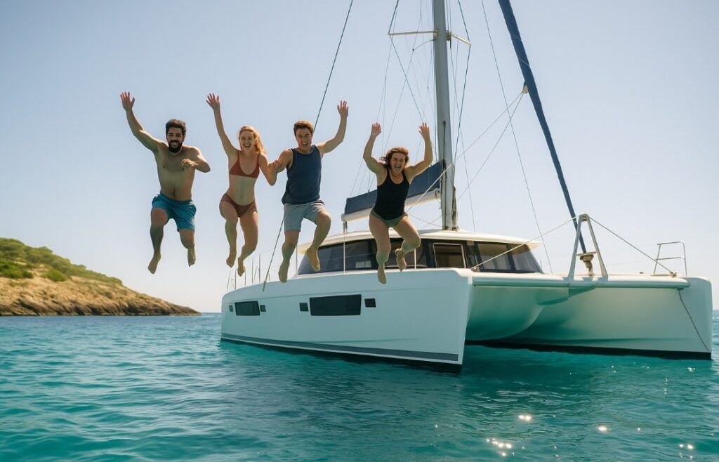 con amigos en catamarán Ibiza